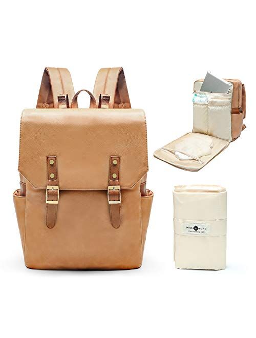 Leather Diaper Bag Backpack by miss fong, Travel Backpack Bookbag Maternity Bag with Chaning Pad, Fit in 14/15.6 Inch Computer Business Backpacks for Women Men(Brown)