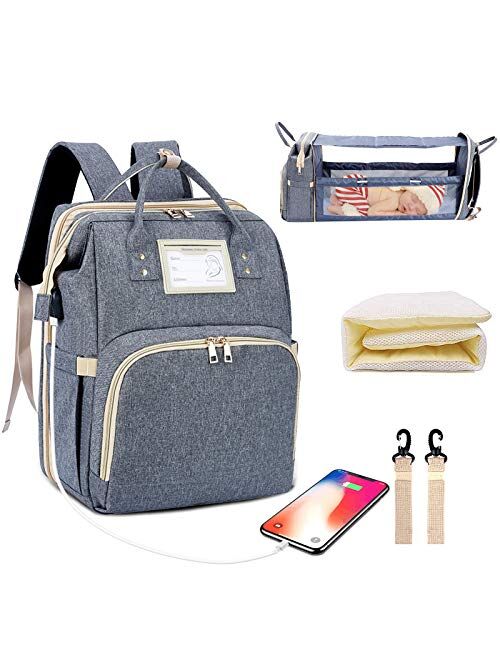 Diaper Bag Backpack with Changing Station, Foldable Baby Bed Back Pack, 3 in 1 Nappy Mummy Bag for Outdoor Travel Shopping Camping, Large Capacity, USB Charge Port, Baby 