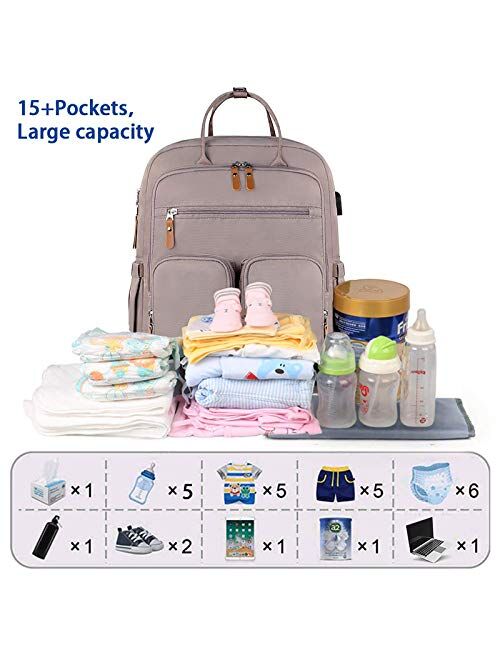 Diaper Bag Backpack, Nappy Baby Bags for Mom and Dad Maternity Diaper Bag for girls, Large Capacity Waterproof Bag with USB Charging Port, Insulated Pockets Changing Pad 