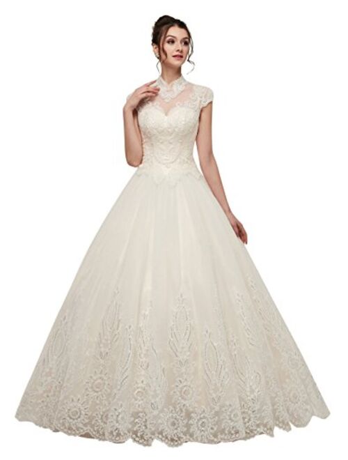 Ikerenwedding Women's High Neck Beaded Sequins Applique Tulle Wedding Dress