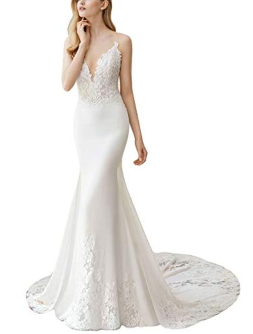 Fenghuavip Spaghetti Straps Wedding Dress Lace Appliques Long Train Beach Bride Gowns