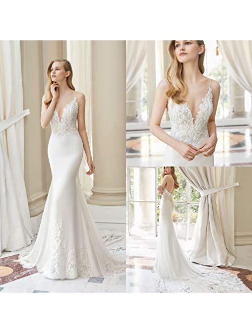 Fenghuavip Spaghetti Straps Wedding Dress Lace Appliques Long Train Beach Bride Gowns