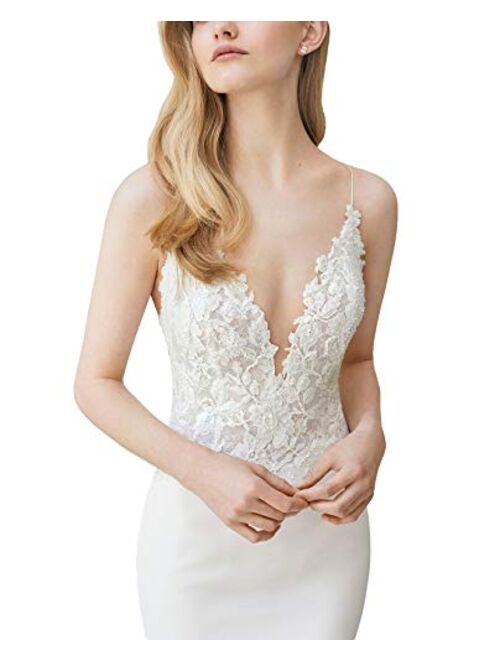 Fenghuavip Spaghetti Straps Wedding Dress Lace Appliques Long Train Beach Bride Gowns