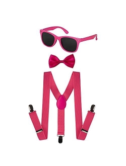 Dress Up America Neon Suspender, Bow-tie, Sunglasses, Accessory Set - Adult and Kids Size Suspenders