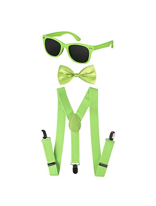 Dress Up America Neon Suspender, Bow-tie, Sunglasses, Accessory Set - Adult and Kids Size Suspenders