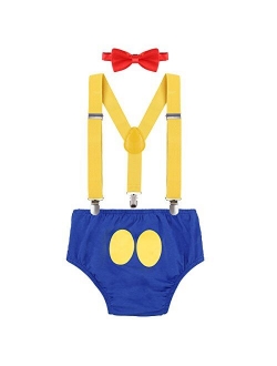 Baby Boys Adjustable Y Back Elastic Clip Suspenders Pre-tied Outfits 1st/2nd/3rd Birthday Cake Smash Bloomers Bowtie set