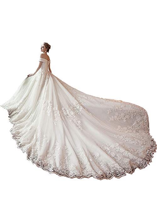 Lace Wedding Dress Ball Gown Off Shoulder Long Train Tulle Bride Dress Beaded Applique Bridal Gown