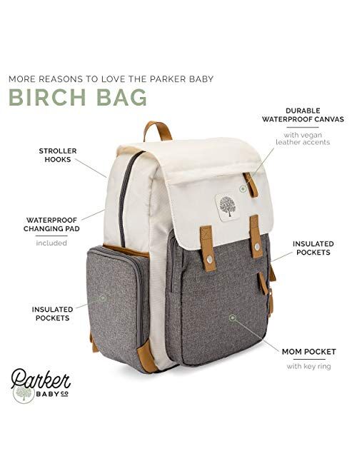 Parker Baby Diaper Backpack - Large Diaper Bag with Insulated Pockets, Stroller Straps and Changing Pad -"Birch Bag" - Cream