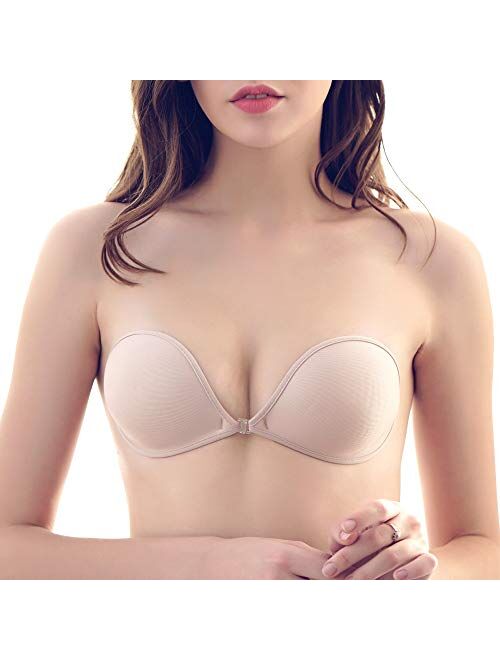 SUREMATE Sticky Strapless Push-up Bra Self Adhesive Invisible Backless Plunge Bras with Buckle for Women