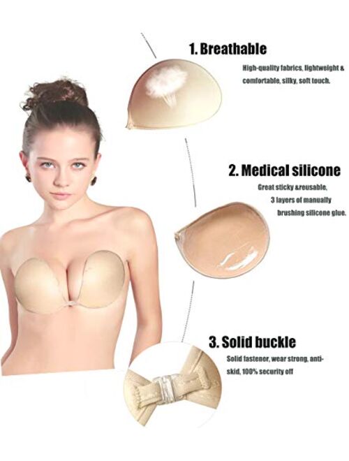 SUREMATE Sticky Strapless Push-up Bra Self Adhesive Invisible Backless Plunge Bras with Buckle for Women