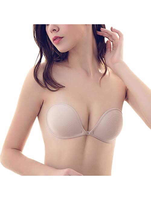 SUREMATE Sticky Strapless Push-up Bra Self Adhesive Invisible Backless Plunge Bras with Buckle for Women