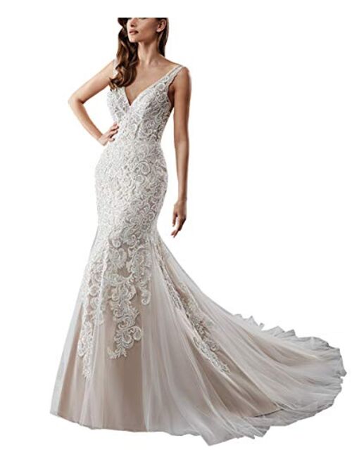 Changjie Women's Sexy V-Neck Tulle Lace Applique Mermaid Bridal Wedding Dresses