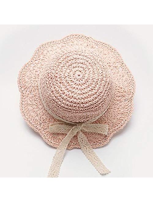 Summer Children's Straw Hats Baby Girls Breathable Lace Cap Bow Beach Sun Hat Wide Brim Kids Princess Travel Sunshade Hat (Color : Beige)