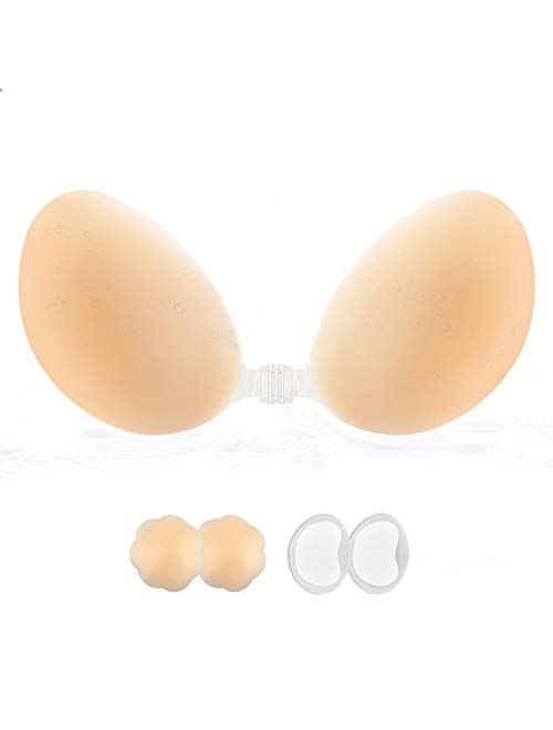 lalaWing Adhesive Stick Bra Sticky Invisible Bra for Women,Silicone Strapless Bra Backless Breast Bra with Nipple Cover