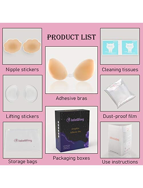 lalaWing Adhesive Stick Bra Sticky Invisible Bra for Women,Silicone Strapless Bra Backless Breast Bra with Nipple Cover