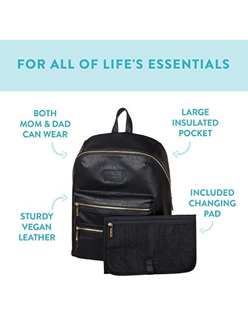 The Honest Company City Backpack, Black | Sturdy Vegan Leather Backpack | Diaper Bag | Changing Pad with Zippered Pocket | Unisex Backpack | Stylish and Functional