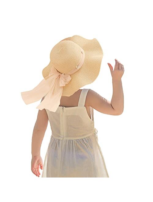 Kunyeah Kids Girl Summer Straw Hat Foldable Wide Brim Cap Sun Visor Hats Sun Protection Beach Hats Bowknot Floppy Cap