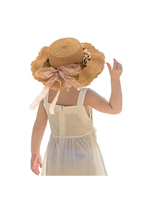 Kunyeah Kids Girl Summer Straw Hat Foldable Wide Brim Cap Sun Visor Hats Sun Protection Beach Hats Bowknot Floppy Cap