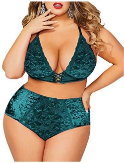 Plus Size Lingerie Set for Women, Sexy Crushed Velvet Mesh Lace Up Halter Bralette & High Waist Panty