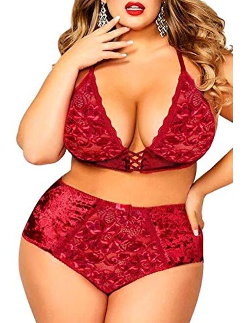Aranmei Plus Size Lingerie Set for Women High Waisted Bra and Panty Set  Sexy Criss-cross Lace Bralette Sets 2 Piece Underwear : :  Clothing