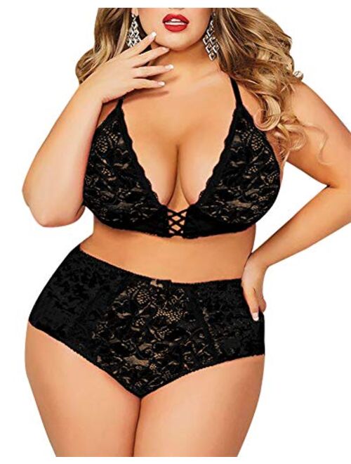 Plus Size Lingerie Set for Women, Sexy Crushed Velvet Mesh Lace Up Halter Bralette & High Waist Panty