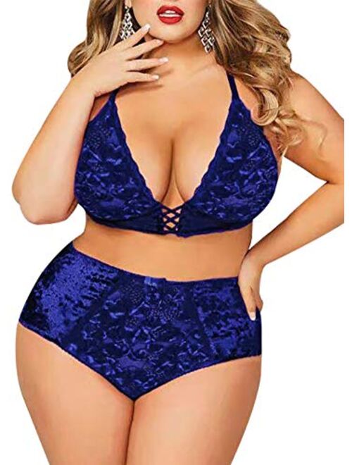 Plus Size Lingerie Set for Women, Sexy Crushed Velvet Mesh Lace Up Halter Bralette & High Waist Panty