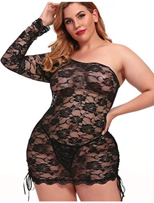 Sexy Plus Size Lingerie Long Sleeve One Shoulder Chemise Lace Babydoll Night Bodycon Mini Dress for Women