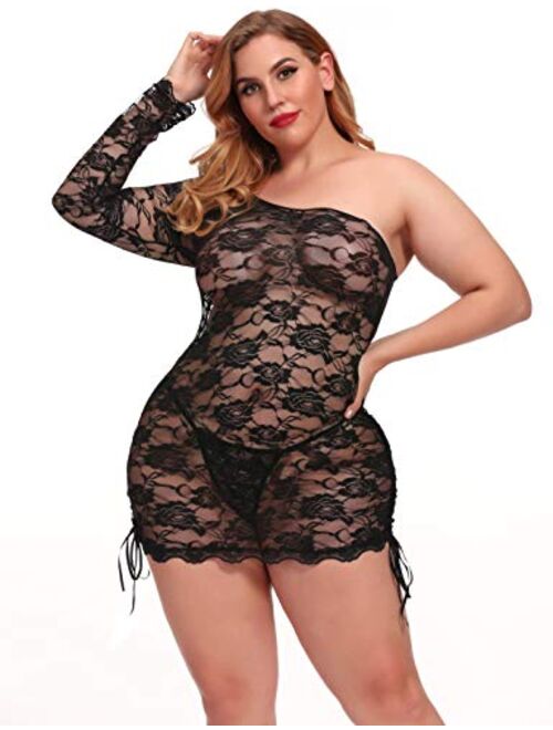 Sexy Plus Size Lingerie Long Sleeve One Shoulder Chemise Lace Babydoll Night Bodycon Mini Dress for Women