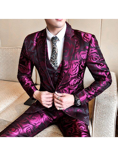 MOGU Mens 3 Piece Rose Floral Print 1 Button Suit Modern Blazer Jacket & Trousers & Vest