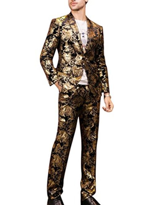 MOGU Mens Luxury Gold Suits 2-Piece Set