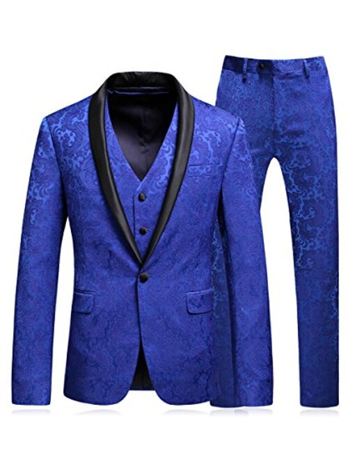 MOGU Mens Floral Jacquard Suits Royal Blue Luxury 3 Piece Blazer Jacket & Pants & Vest