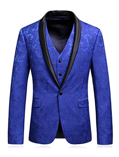 MOGU Mens Floral Jacquard Suits Royal Blue Luxury 3 Piece Blazer Jacket & Pants & Vest