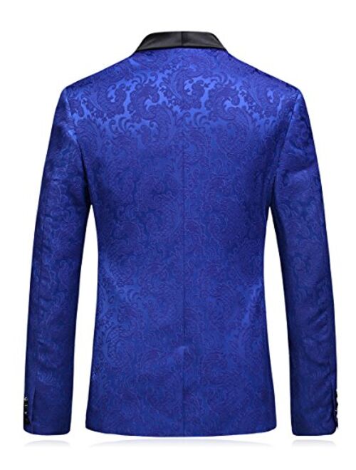 MOGU Mens Floral Jacquard Suits Royal Blue Luxury 3 Piece Blazer Jacket & Pants & Vest