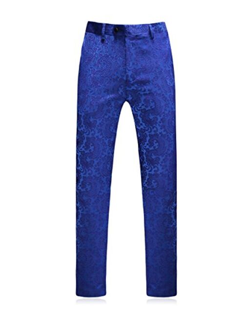 MOGU Mens Floral Jacquard Suits Royal Blue Luxury 3 Piece Blazer Jacket & Pants & Vest