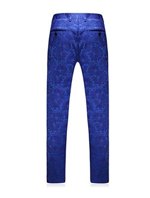 MOGU Mens Floral Jacquard Suits Royal Blue Luxury 3 Piece Blazer Jacket & Pants & Vest