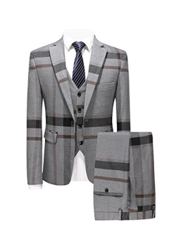 MOGU Mens 3 Piece One Button Slim Fit Windowpane Suits