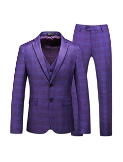 MOGU Men Suits 3 Piece Slim Fit Single Breasted Blazers Plaid Notch Lapel Jacket Pants Sets for Prom Wedding Party