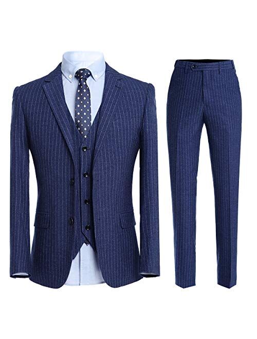 Mens 3 Piece Stripe Suit Set Slim Fit Formal 2 Button Tux Dress Suits