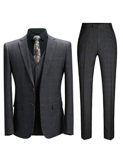 Mens 3 Piece Plaid Suits Slim Fit 2 Button Notched Lapel Dinner Dress Suit Set