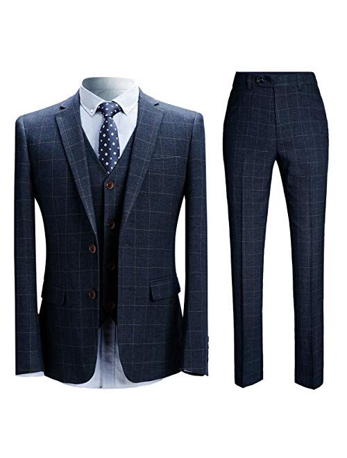 Mens 3 Piece Plaid Suits Slim Fit 2 Button Notched Lapel Dinner Dress Suit Set