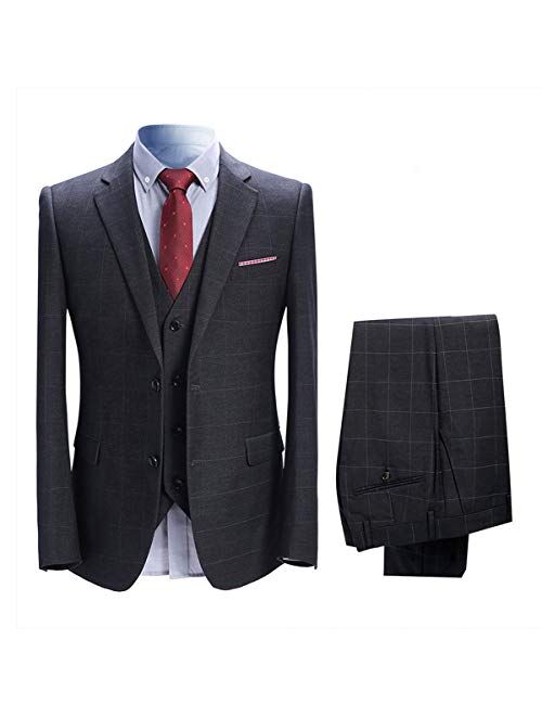 Mens 3 Piece Plaid Suits Slim Fit 2 Button Notched Lapel Dinner Dress Suit Set