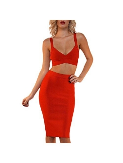 HLBandage Strap Solid Backless Crop Top and Midi Skirt Two Piece Set Bandage Dress