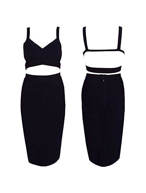 HLBandage Strap Solid Backless Crop Top and Midi Skirt Two Piece Set Bandage Dress