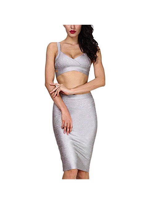 HLBandage Strap Solid Backless Crop Top and Midi Skirt Two Piece Set Bandage Dress