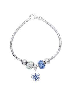 Frozen Snowflake and Crystal Beads Sterling Silver Bundle Bracelet, 7.5