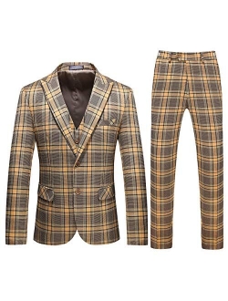 Mens Plaid Suit Set Slim Fit 3 Piece Wedding Party Tux Dress Peaked Lapel Suits