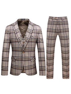 Mens Plaid Suit Set Slim Fit 3 Piece Wedding Party Tux Dress Peaked Lapel Suits