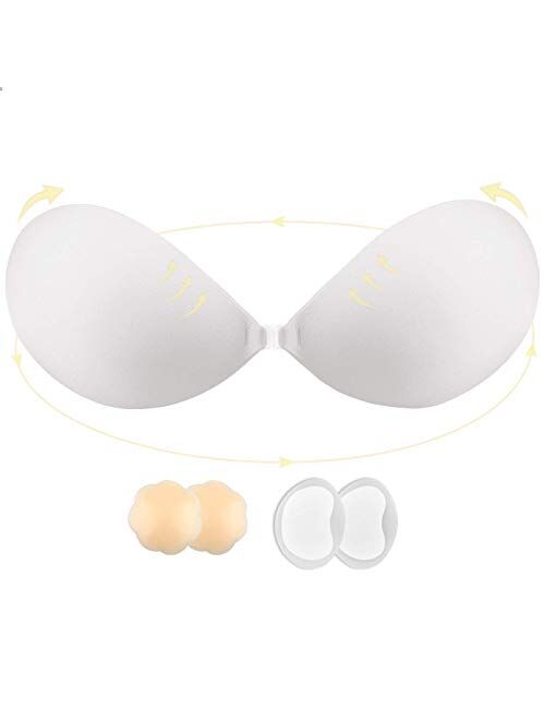 lalaWing Sticky Bra Strapless Adhesive Fabric Bra Invisible Push-up Bra for Women with Pull-up Nipple Covers