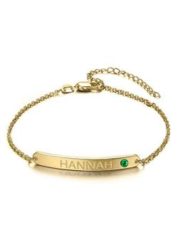 LONAGO Personalized Name Plate Gold Bar Bracelet with Simulated Birthstone Inspirational Gift Handmade Customized Engraved Initial ID Coordinates Charm