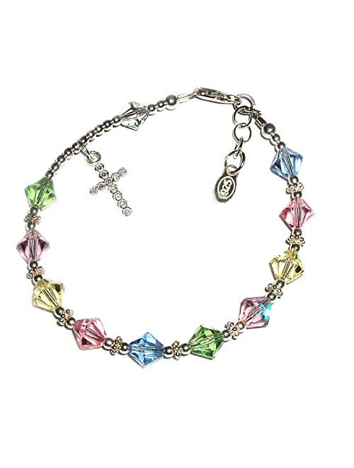 Children's Sterling Silver First Communion Rosary Bracelet with High End Crystals and CZ Cross (6-6.5")